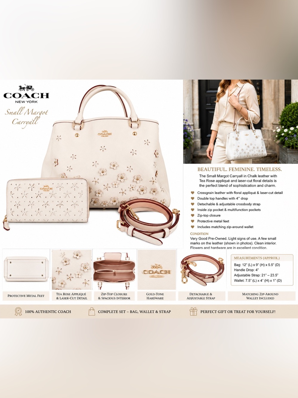 Coach Small Margot Carryall & Matching Wallet Set – Chalk Tea Rose Floral